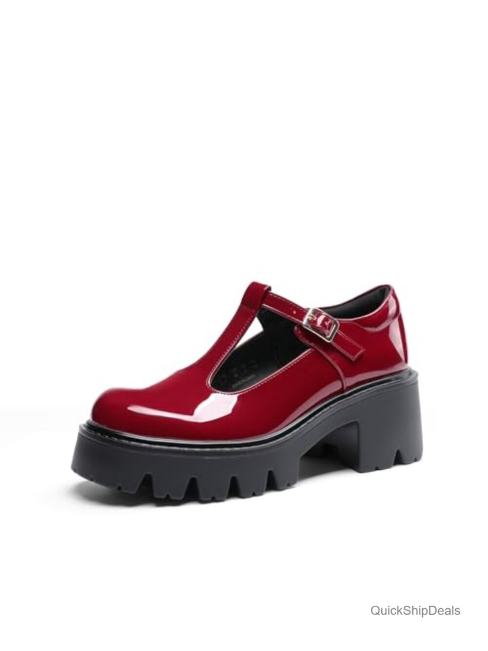 T-Strap Mary Jane Pumps - Faux Leather Chunky Heel Lug Sole Women's Shoes